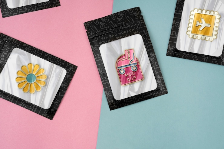 PSD metallic pin mockup in bag