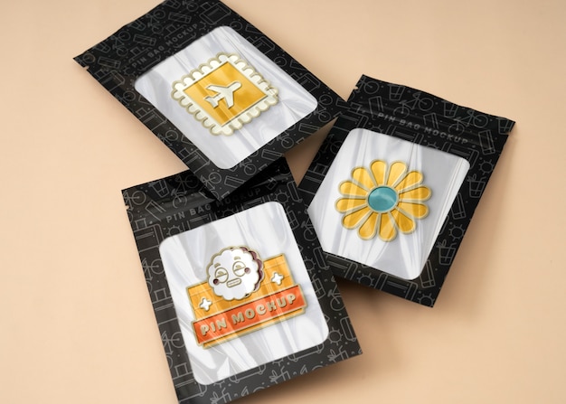 PSD metallic pin mockup in bag