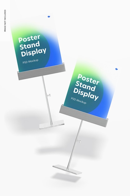 Metallic poster stands display mockup, falling