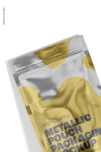 PSD metallic pouch packaging mockup, close up