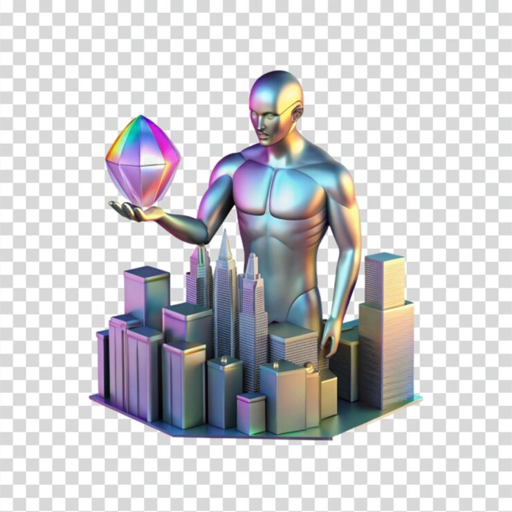 PSD metallic robot holding hologram