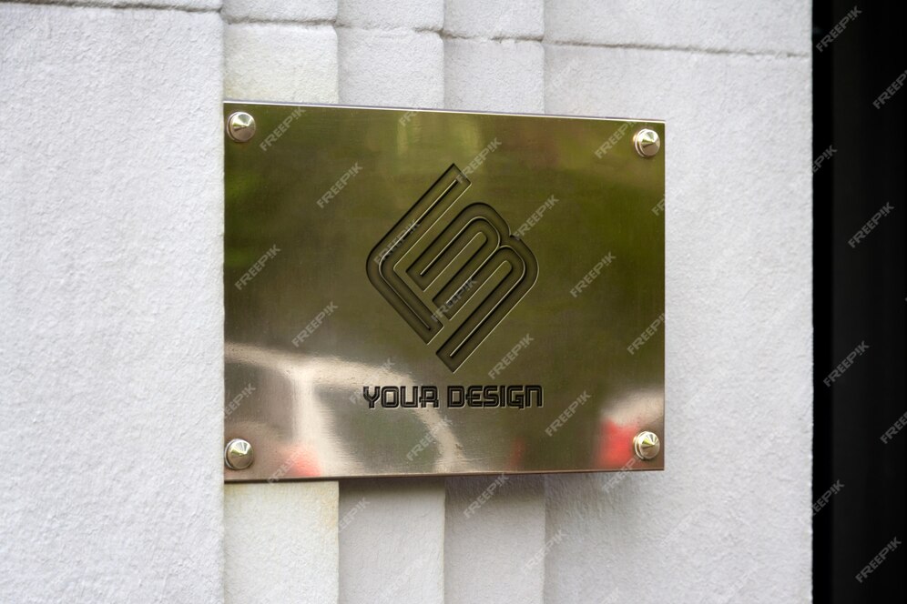 Premium PSD | Metallic sign on wall mockup