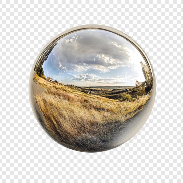 PSD a metallic sphere reflects a landscape of golden grasses a blue sky and fluffy clouds a captivating scene of nature39s beauty