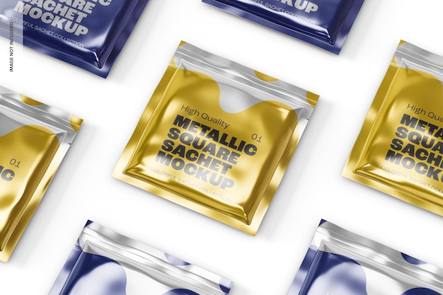 PSD metallic square sachets mockup, mosaic