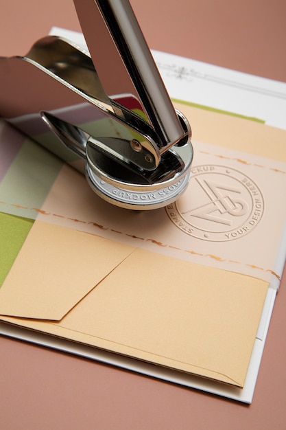 PSD metallic stamp with embossed logo effect on paper