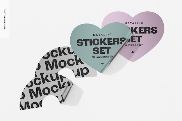 PSD metallic stickers set mockup, floating