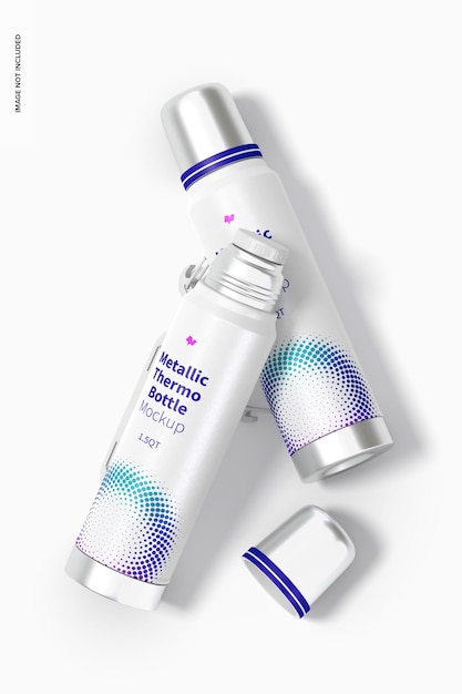 Metallic thermo bottles mockup, top view