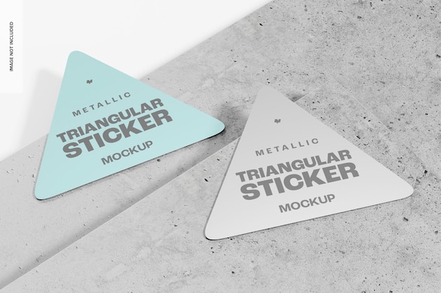 PSD metallic triangular stickers mockup, high angle view