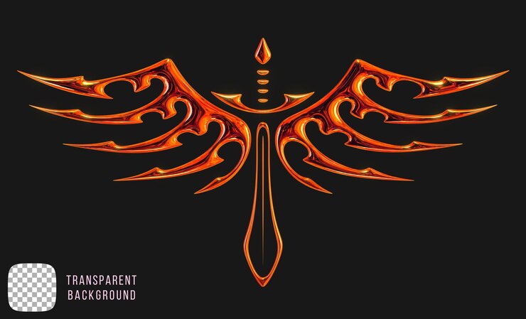 PSD metallic winged sword shape 3d rendering on transparent background