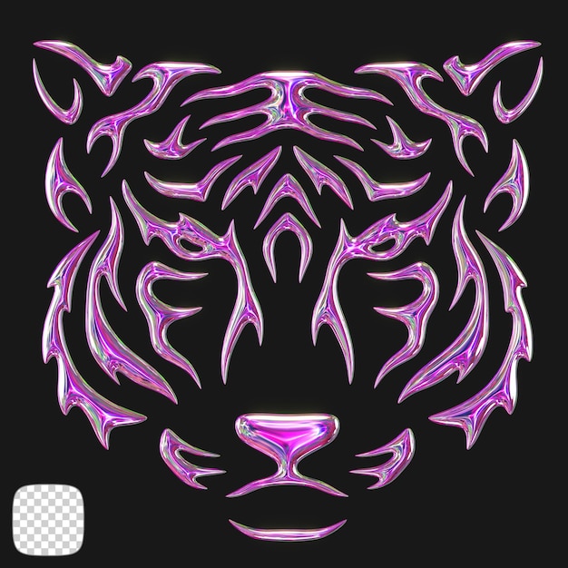 Metallic y2k tiger head shape 3d rendering on transparent background