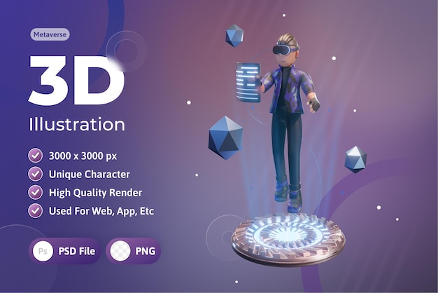 PSD metaverse character 3d met virtual reality-apparaat, voor web, app, infographic, app