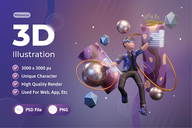 metaverse character 3d with virtual reality device, for web, app, infographic, app