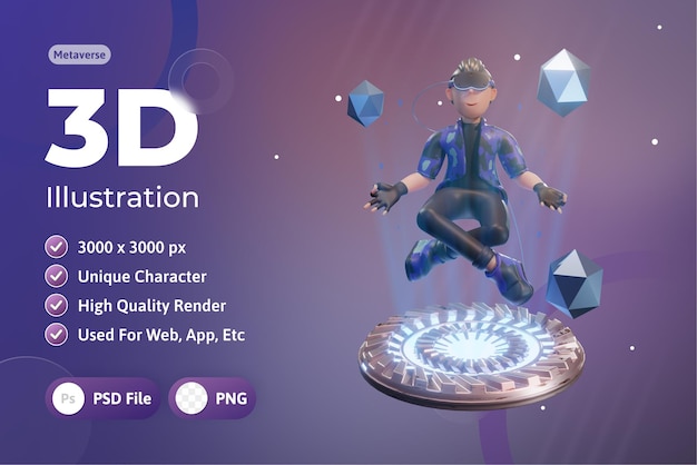 PSD metaverse character 3d с устройством виртуальной реальности, для интернета, приложения, инфографики, приложения