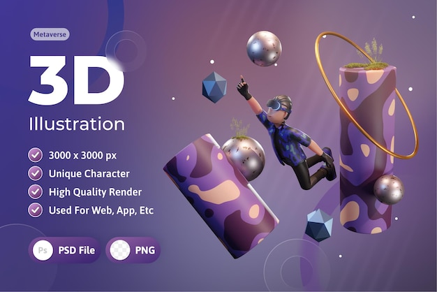 metaverse character 3d with virtual reality device, for web, app, infographic, app