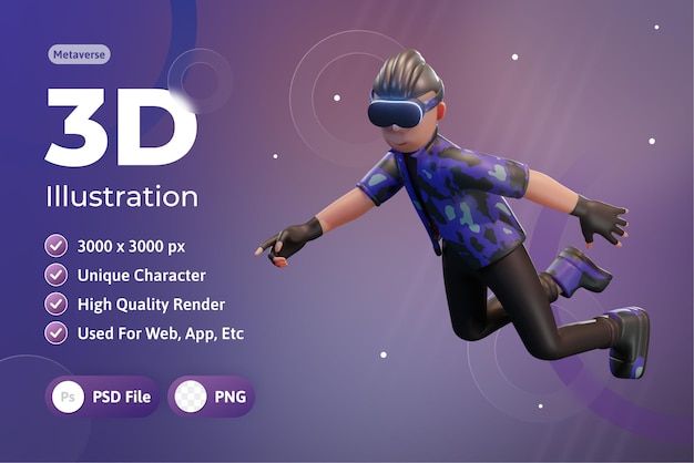 PSD metaverse character 3d con dispositivo di realtà virtuale, per web, app, infografica, app