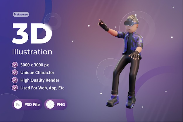 Metaverse character 3d con dispositivo di realtà virtuale, per web, app, infografica, app