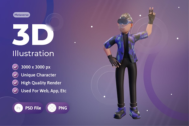 Metaverse character 3d con dispositivo di realtà virtuale, per web, app, infografica, app