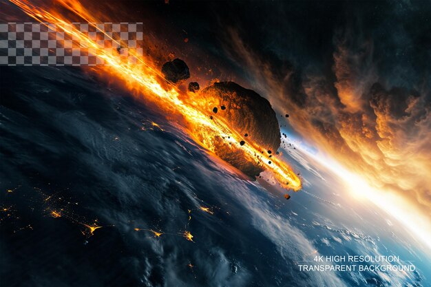 PSD meteor impact on earth fired asteroid in collision on transparent background