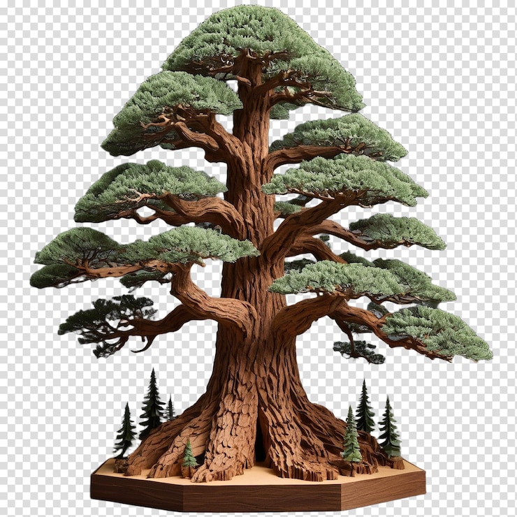 PSD a meticulously crafted bonsai tree featuring a large trunk and numerous branches stands on a woode