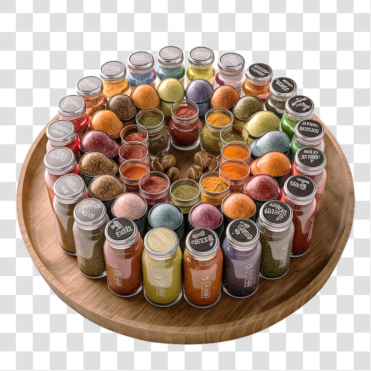 PSD a meticulously organized spice collection on a wooden tray isolated on a transparent background