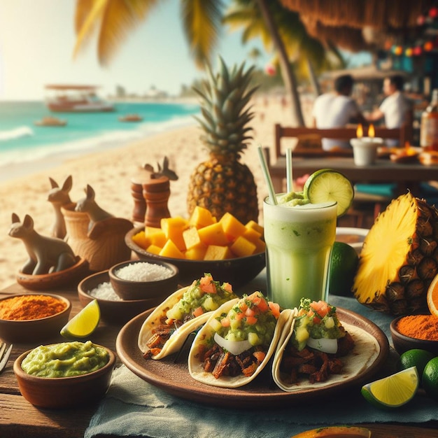 PSD mexicaanse enchilada met guacamole in de bach bar in de zonsondergang vakantie poster