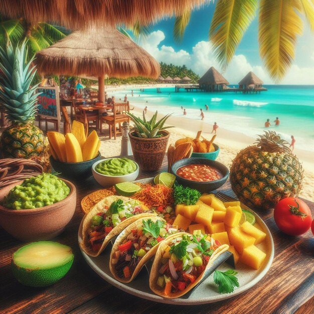 PSD mexicaanse enchilada met guacamole in de bach bar in de zonsondergang vakantie poster