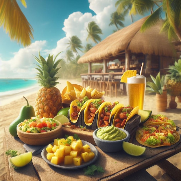 PSD mexicaanse enchilada met guacamole in de bach bar in de zonsondergang vakantie poster