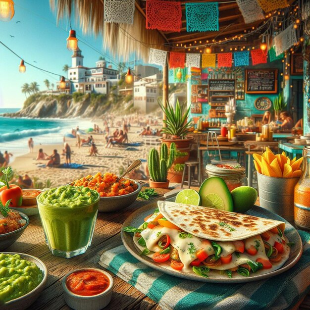 PSD mexicaanse quesadilla met guacamole in de bach bar in de zonsondergang vakantie poster