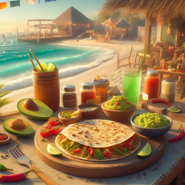 PSD mexicaanse quesadilla met guacamole in de bach bar in de zonsondergang vakantie poster