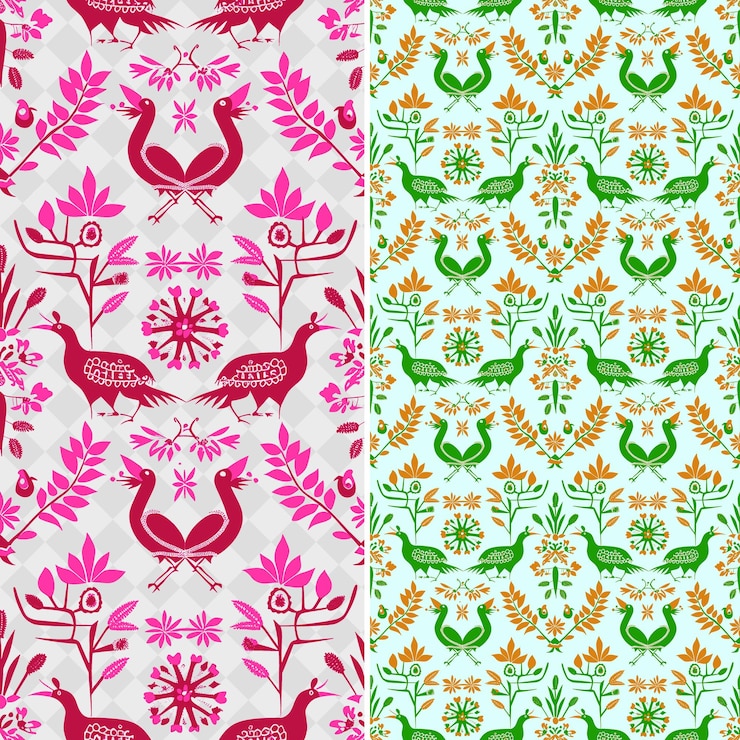 PSD mexican embroidery patterns with floral and animal silhouett png traditional abstract designs