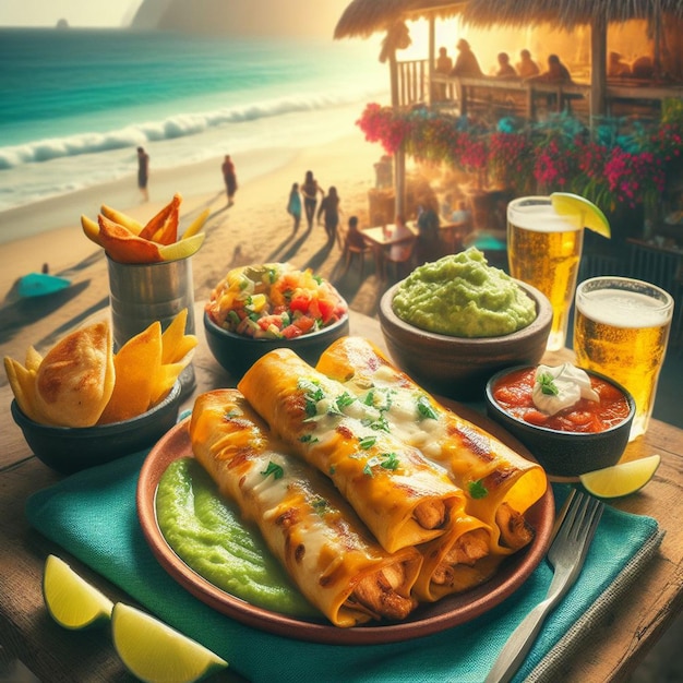 PSD 해가 지는 휴가 포스터에서 바흐 바에서 구아카모레와 함께 멕시코 음식 엔칠라다