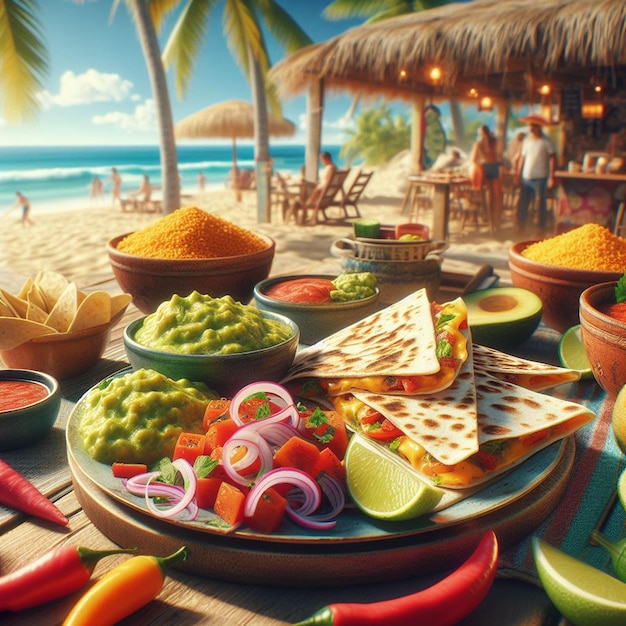 PSD 해가 지는 휴가 포스터에서 바흐 바에서 구아카모레와 함께 멕시코 음식 사라