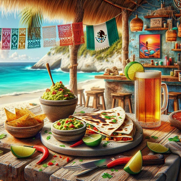 PSD Мексиканская кесадилла с гуакамоле в баре баха в плакате с закатом солнца
