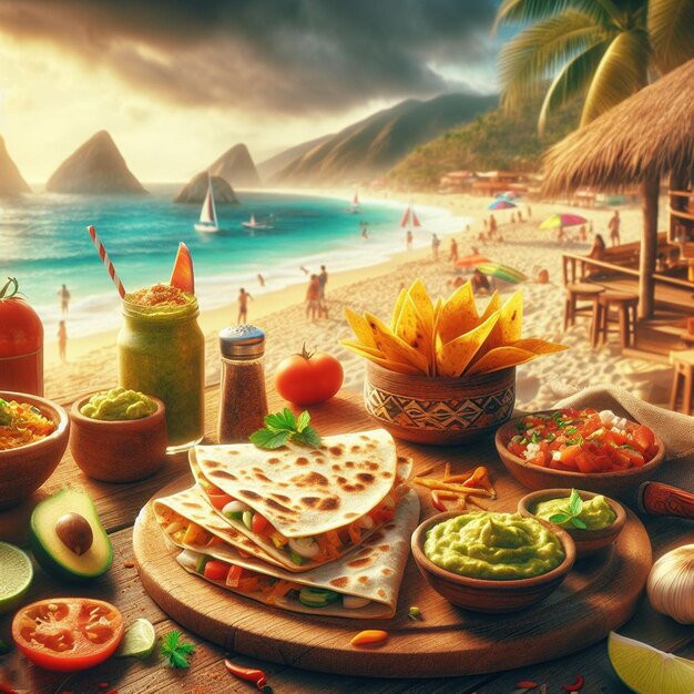 PSD mexican food quesadilla with guacamole at the bach bar in the sunset vacation poster