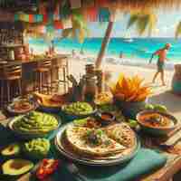 PSD quesadilla messicana con guacamole al bach bar nel poster delle vacanze al tramonto