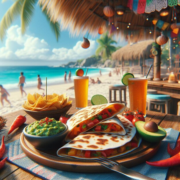 PSD mexican food quesadilla with guacamole at the bach bar in the sunset vacation poster