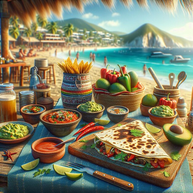 PSD mexican food quesadilla with guacamole at the bach bar in the sunset vacation poster