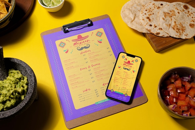 PSD mexican food restaurant menu mock-up with smartphone