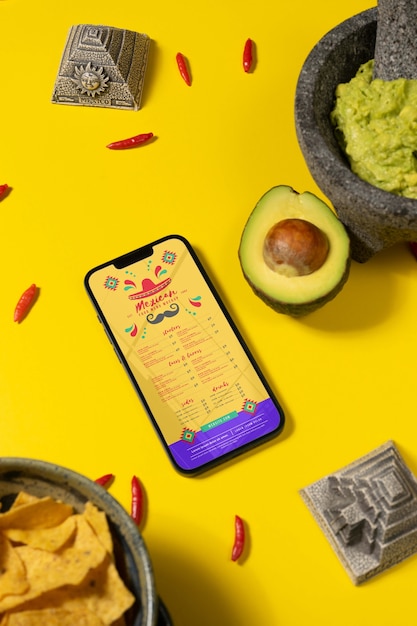 PSD mexican food restaurant menu mock-up with smartphone