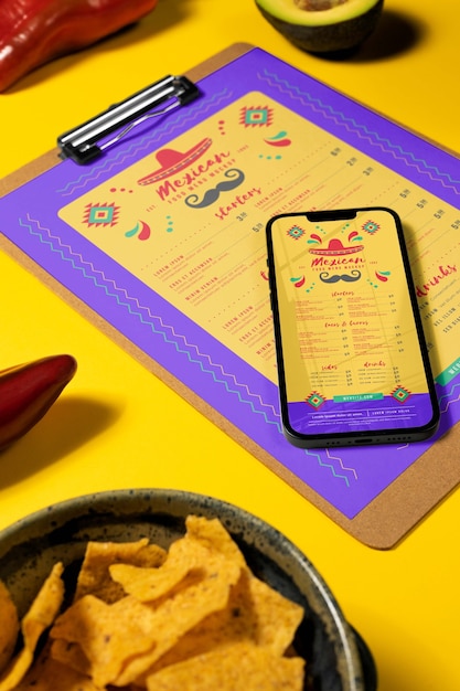 PSD mexican food restaurant menu mock-up with smartphone