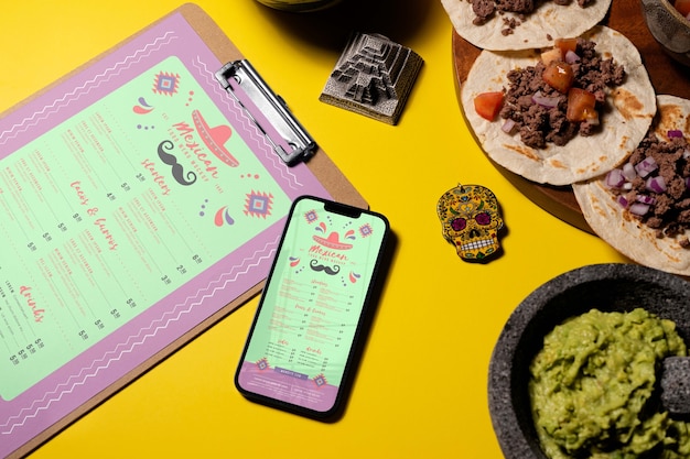 PSD mexican food restaurant menu mock-up with smartphone