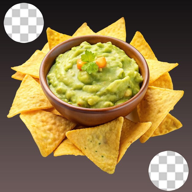 Mexican guacamole with nacho chip isolated on transparent background