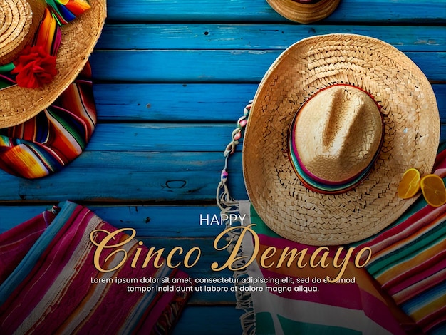 PSD mexican poster with a background of straw hat sombrero maracas and traditional serape carpet or blan