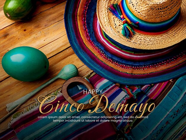 Mexican poster with a background of straw hat sombrero maracas and traditional serape carpet or blan