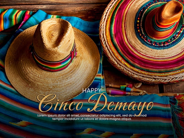 PSD mexican poster with a background of straw hat sombrero maracas and traditional serape carpet or blan