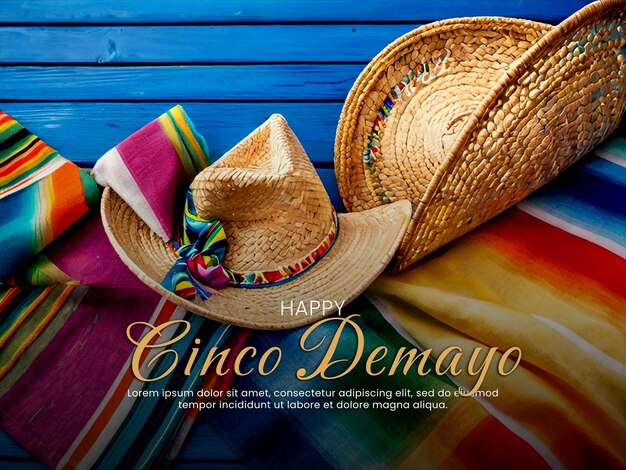 Mexican poster with a background of straw hat sombrero maracas and traditional serape carpet or blan