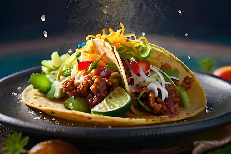 PSD mexican tacos with meat and vegetables splashing on white background ai generative