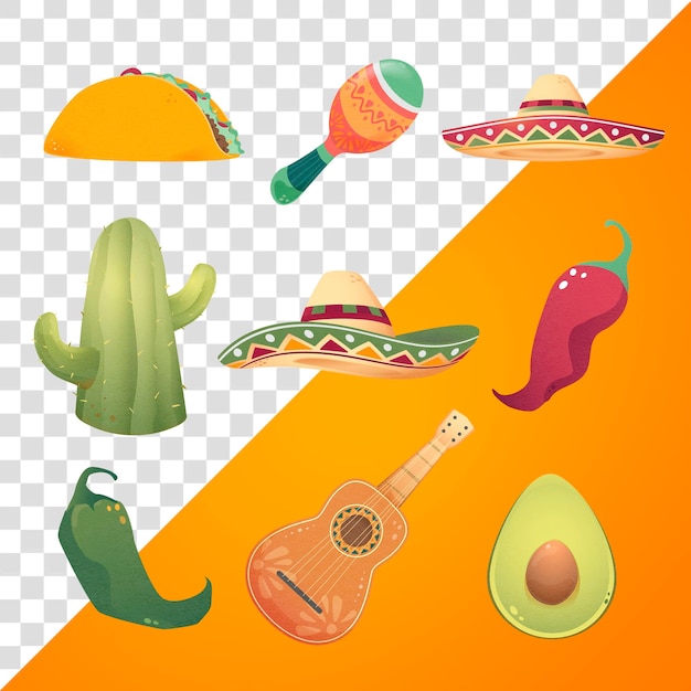 멕시코 전통 doodles png 스티커 투명한 배경에 다채로운 디자인 세트