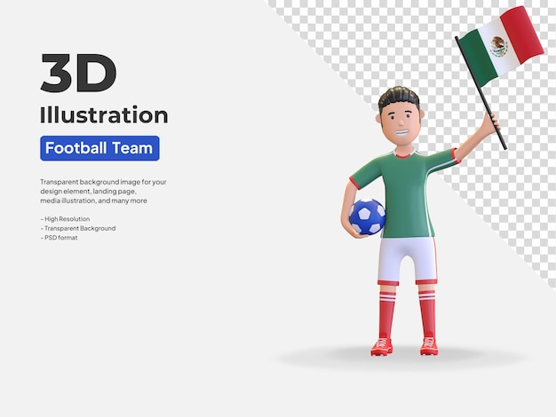 PSD mexico football player man holding ball and country flag 3d render illustration