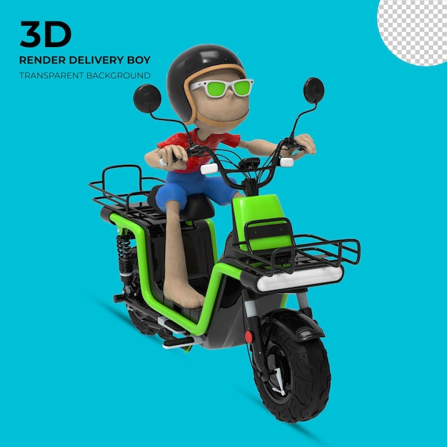 Mężczyzna dostawy jedzie na motocyklu elektrycznym renderowania 3d